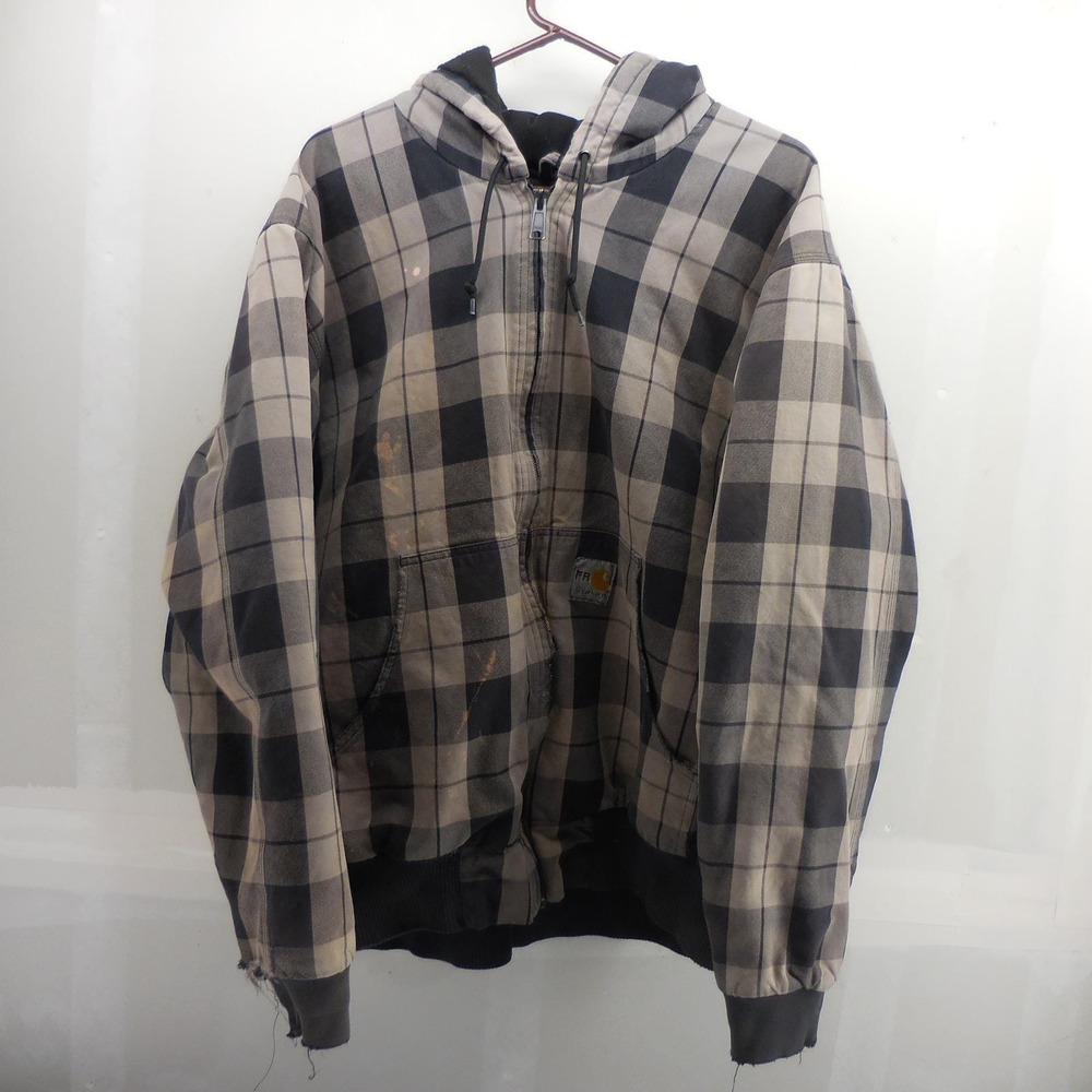 Carhartt‎ Plaid Hooded Work Jacket Grey Black J260 SMK XL Y2K Replaced Patched